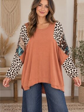 Gigio Rust Patchwork Leopard Sleeve Top (070567) 🐆 ☀️